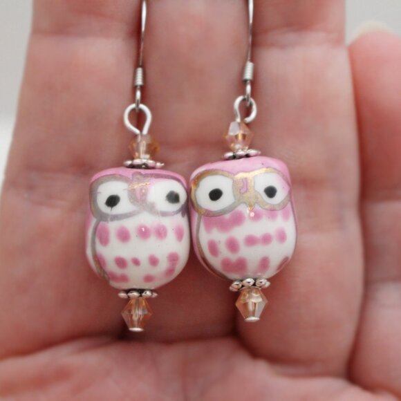 Pink Hand Painted Porcelain Owl Beaded Earrings - Handmade & Hypoallergenic - Picture 7 of 7